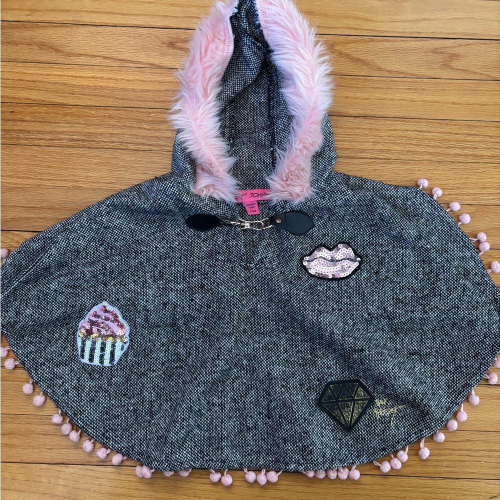 Betsey Johnson Girls 24M Tweed Poncho w/Pink Fur Trim Hood Sequined Appliques